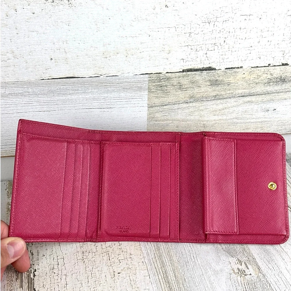 Prada Womens Pink Saffiano Leather Tri Fold Wallet Card Holder Italy Luxury
